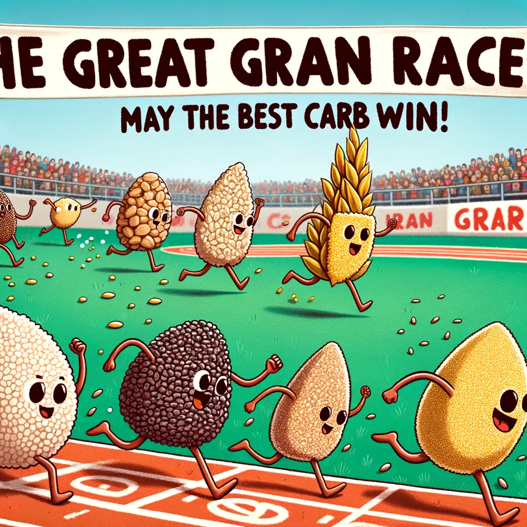 A comical scene of a group of grains (quinoa, rice, barley) having a race, with tiny legs, racing towards a finish line. The caption reads, "The Great Grain Race: May the best carb win!". The background is a racetrack with a cheering crowd, and the illustration style is humorous and lively, celebrating the diversity and fun of whole grains in a vegan diet.