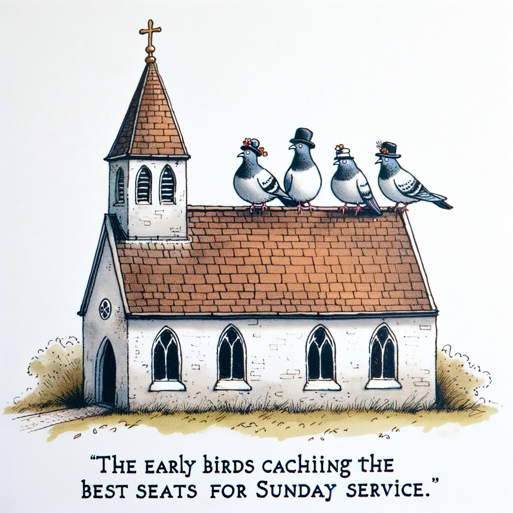 A humorous illustration of a small, traditional church with a group of pigeons sitting on its roof, each pigeon wearing a tiny hat. The caption reads: 'The early birds catching the best seats for Sunday service.'