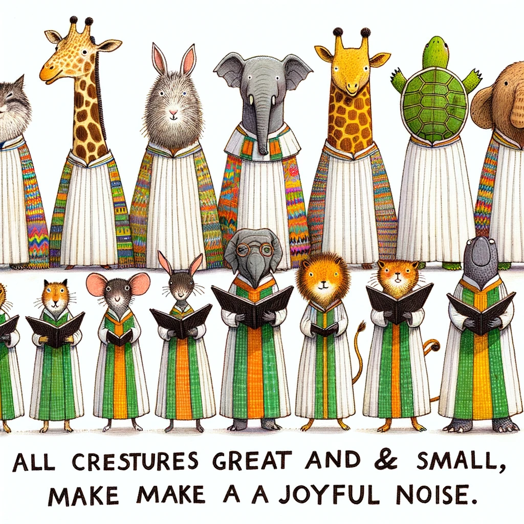 A whimsical drawing of a church choir, where each member is a different animal, ranging from a giraffe to a turtle, all in choir robes. The caption reads: 'All creatures great and small, make a joyful noise.'