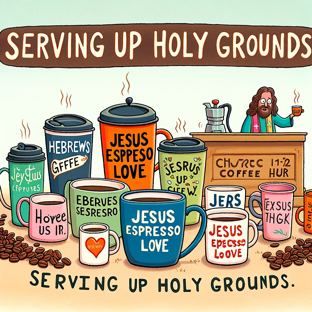 A playful illustration of a church coffee hour, with a variety of humorous coffee mugs that have biblical puns on them, such as 'Hebrews it' and 'Jesus Espresso Love'. The caption reads: 'Serving up holy grounds.'
