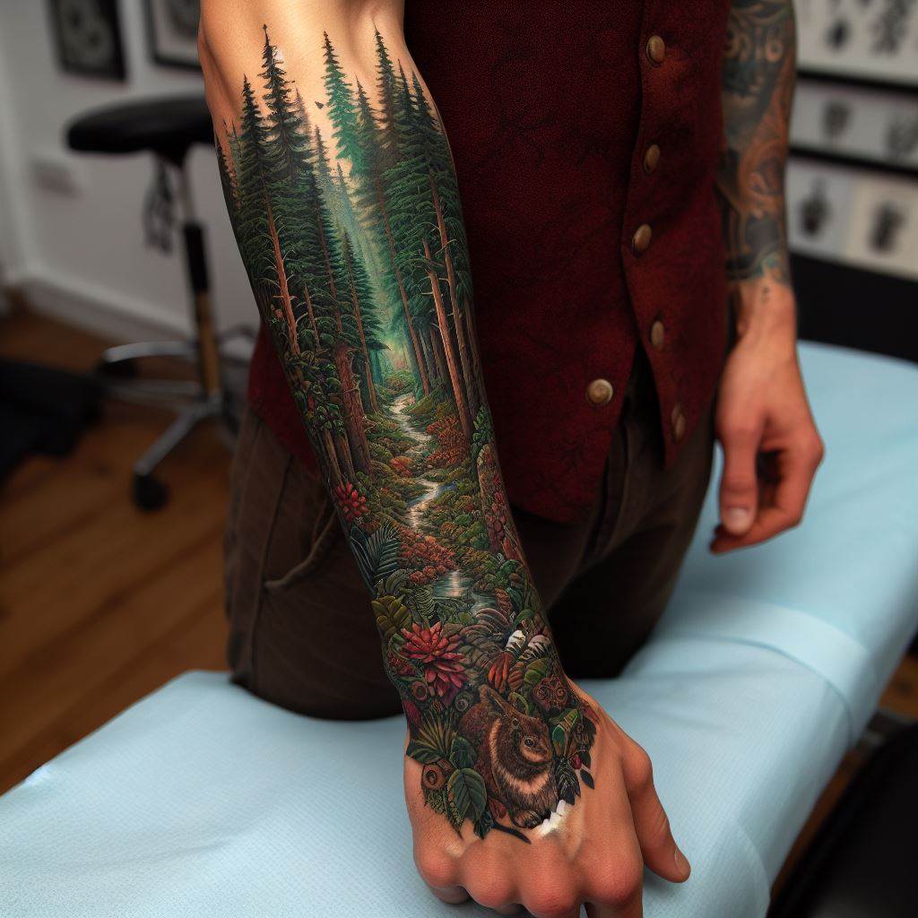 A forearm tattoo that wraps around the arm, featuring a detailed, vibrant forest scene. The tattoo should start from the wrist and extend up to the elbow, including towering trees, a variety of leaves, and small forest animals peeking through the foliage. The tattoo is in rich greens, browns, and hints of colors for flowers and birds. The background should be a light skin tone to emphasize the tattoo details.