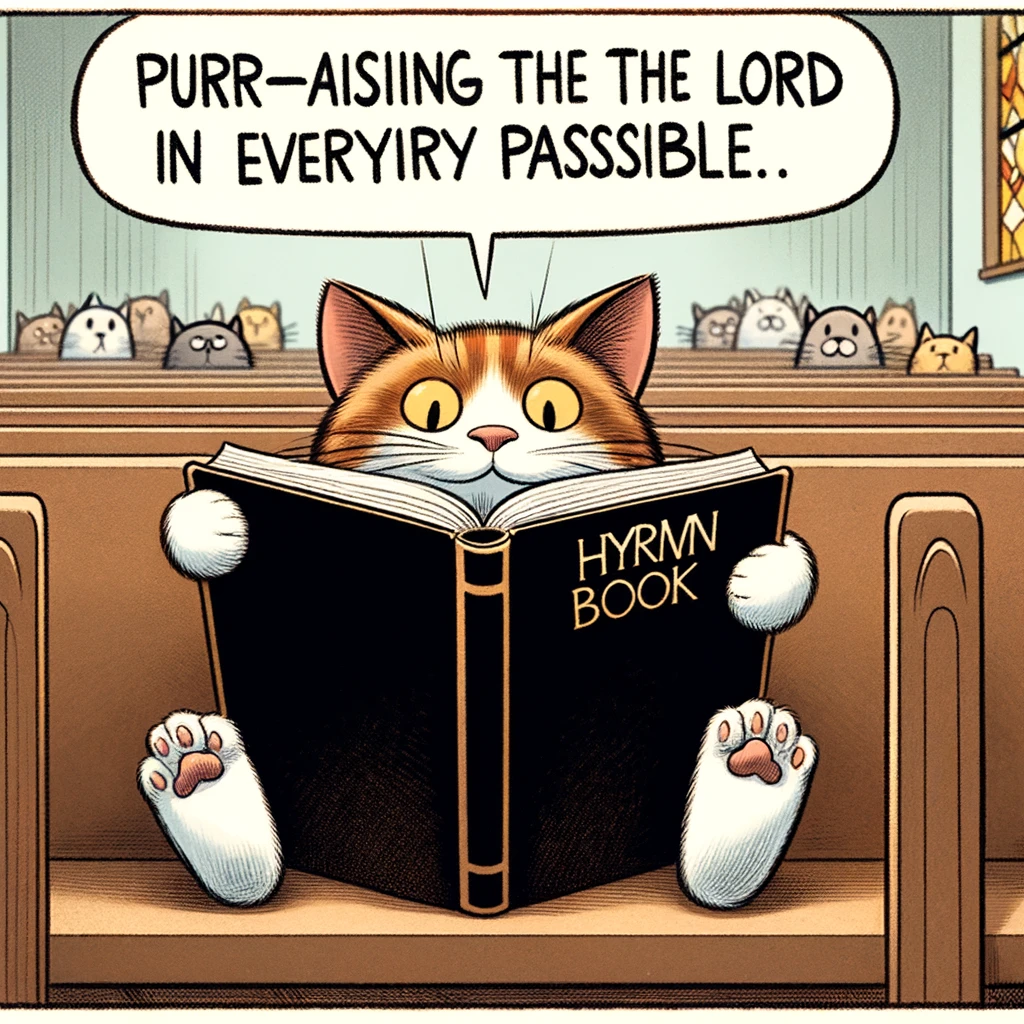 A comic scene of a cat sitting in a church pew, intently reading a hymn book upside down. The caption reads: 'Purr-aising the Lord in every way possible.'