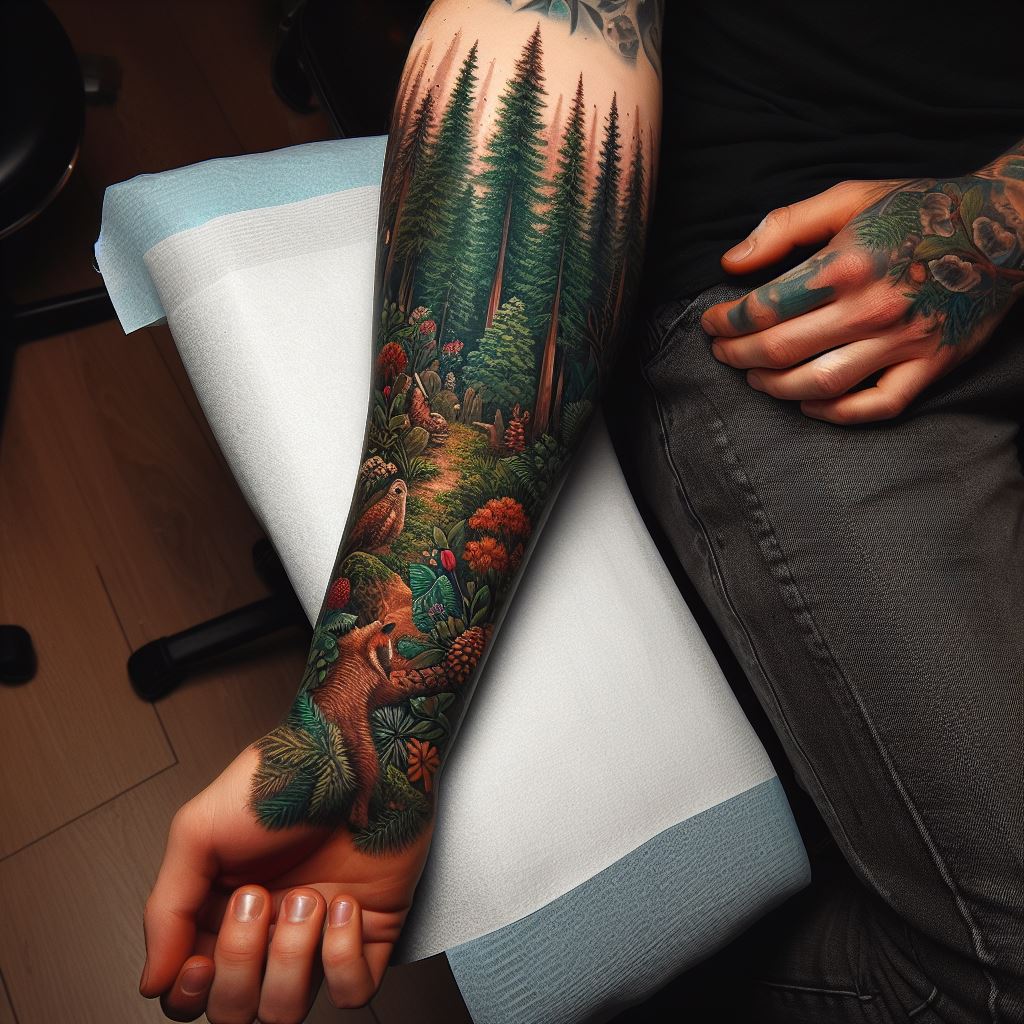 A forearm tattoo that wraps around the arm, featuring a detailed, vibrant forest scene. The tattoo should start from the wrist and extend up to the elbow, including towering trees, a variety of leaves, and small forest animals peeking through the foliage. The tattoo is in rich greens, browns, and hints of colors for flowers and birds. The background should be a light skin tone to emphasize the tattoo details.