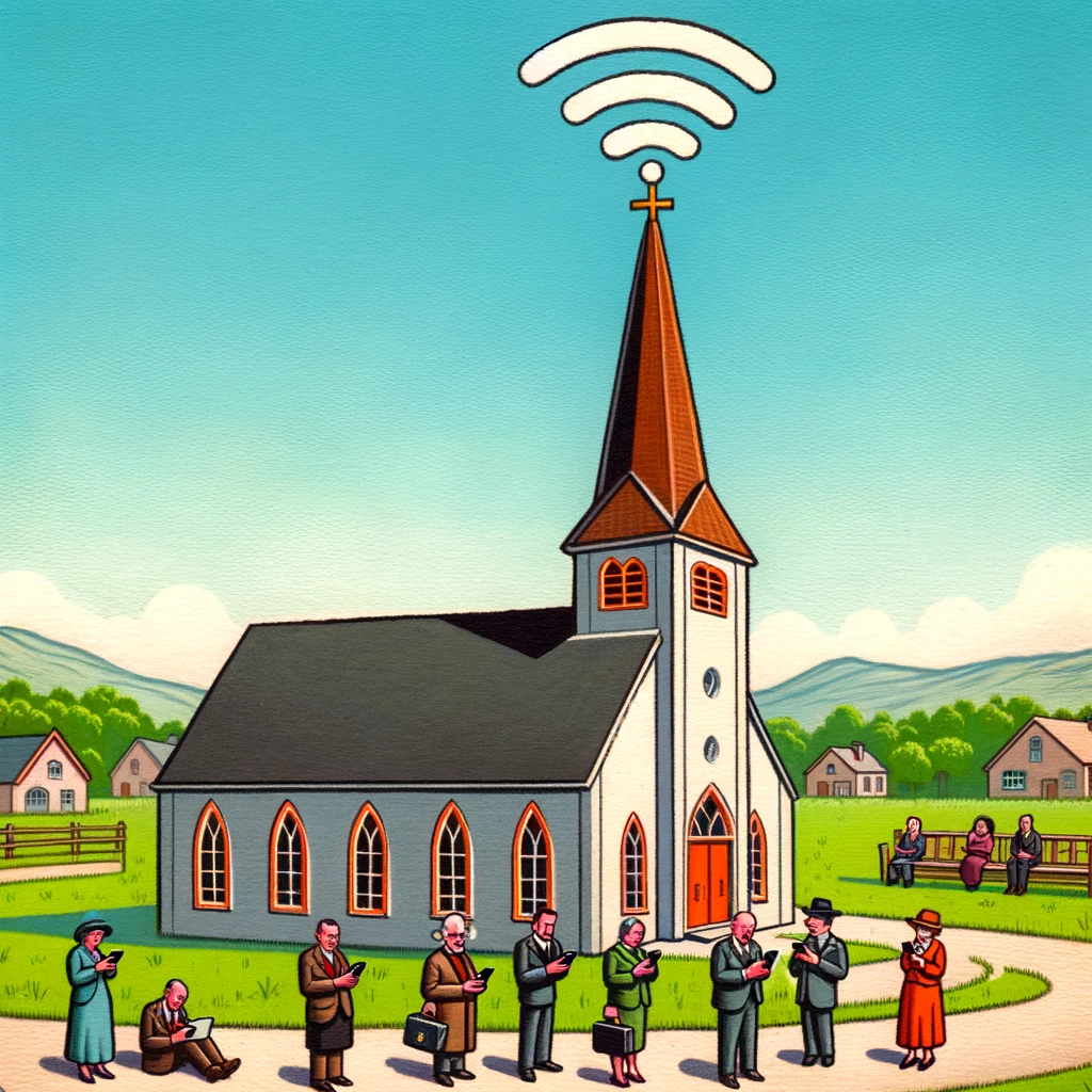 An amusing illustration showing a church with a WiFi signal emanating from the steeple, with parishioners outside using their smartphones. The caption reads: 'Connecting to the highest network.'