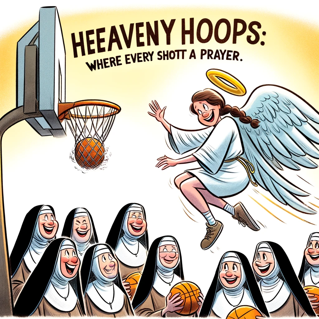 A cartoon of a group of nuns playing basketball with an angel, who is dunking the ball. The caption reads: 'Heavenly hoops: Where every shot is a prayer.'