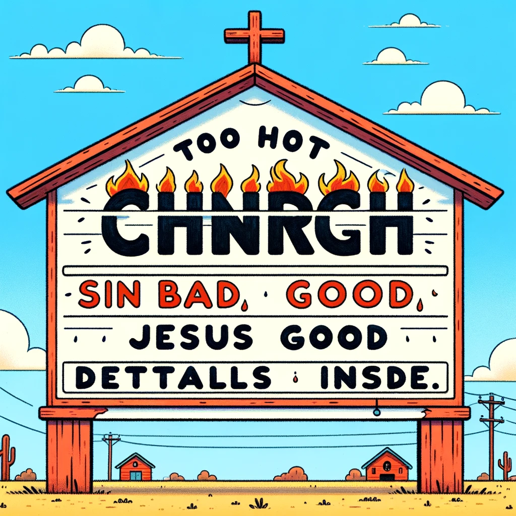 A funny illustration of a church sign that reads: 'Too hot to keep changing sign. Sin bad, Jesus good, details inside.'