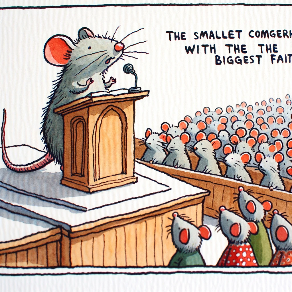 A quirky drawing of a church mouse standing on the pulpit, preaching to an audience of other mice. The caption reads: 'The smallest congregation with the biggest faith.'