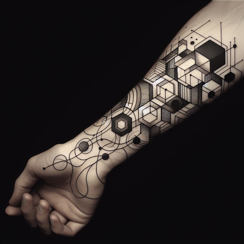 A forearm tattoo that combines geometric shapes and abstract elements. The tattoo, positioned on the outer forearm, should include a series of interconnected hexagons, triangles, and circles, with an abstract wave pattern flowing through them. The design is in black ink with shading for depth, against a background showing the skin tone of the forearm, highlighting the tattoo's contrast and precision.