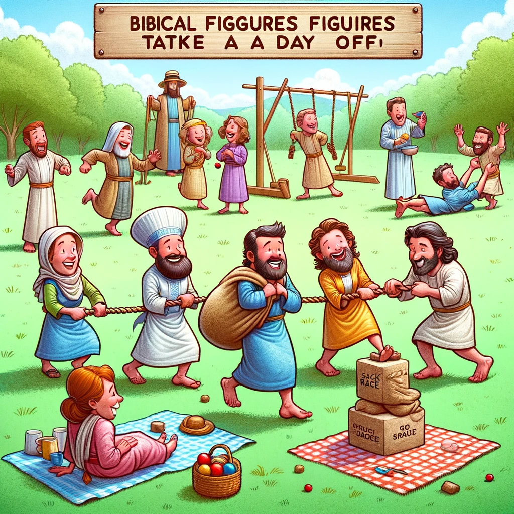 A delightful illustration of a church picnic, with various biblical characters enjoying modern-day picnic games like sack race and tug of war. The caption reads: 'Biblical figures take a day off.'