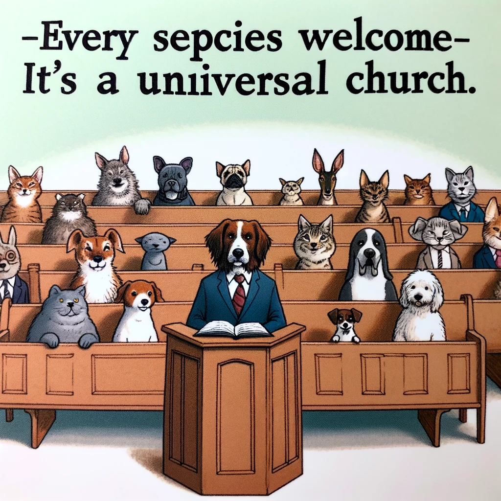A playful depiction of animals sitting in church pews, attentively listening to a dog preacher at the pulpit. The caption reads: 'Every species welcome - it's a universal church.'