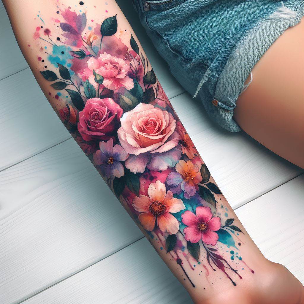 A forearm covered with a watercolor-style floral tattoo. This tattoo should feature a variety of flowers, such as roses, peonies, and daisies, with splashes of watercolor in pinks, purples, blues, and greens. The flowers should appear as if they are softly blending into the skin, with the tattoo located on the inner forearm for a delicate, feminine touch. The skin tone background should complement the bright, flowing colors of the tattoo.
