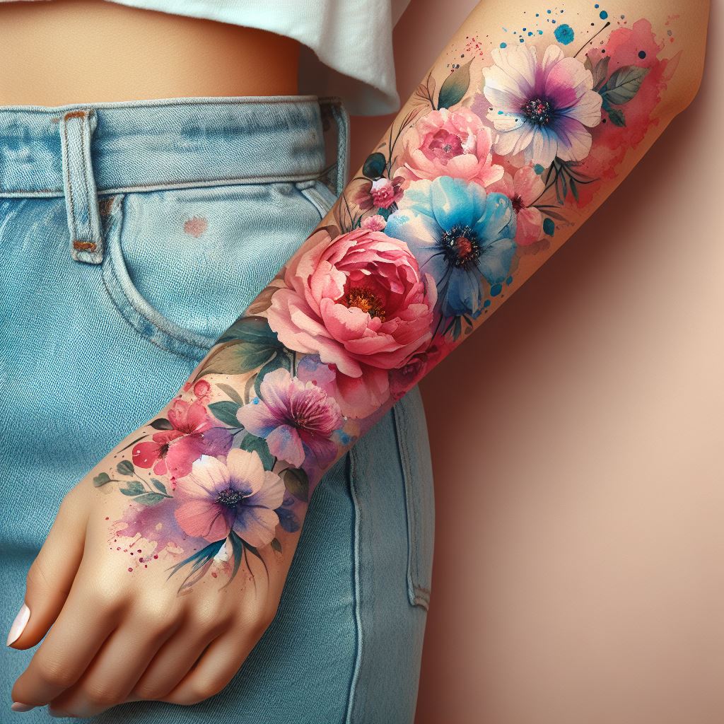 A forearm covered with a watercolor-style floral tattoo. This tattoo should feature a variety of flowers, such as roses, peonies, and daisies, with splashes of watercolor in pinks, purples, blues, and greens. The flowers should appear as if they are softly blending into the skin, with the tattoo located on the inner forearm for a delicate, feminine touch. The skin tone background should complement the bright, flowing colors of the tattoo.