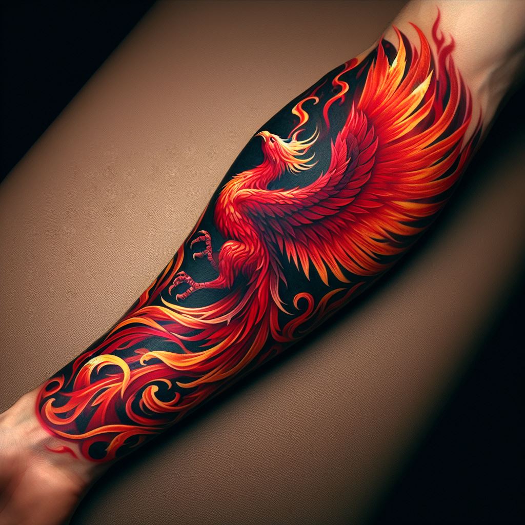 A forearm tattoo of a mythological creature, specifically a Phoenix rising from flames, positioned on the top side of the forearm. The Phoenix should be depicted in mid-flight, with its wings spread wide and detailed feathers in shades of fiery red, orange, and yellow. The flames from which it rises are to be intricately designed at the wrist, symbolizing rebirth. The tattoo is vibrant against a neutral skin tone, showcasing the mythical theme.