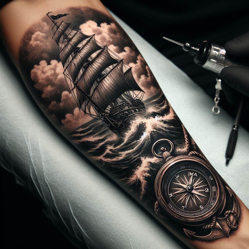 A forearm tattoo with a nautical theme, featuring a detailed old ship sailing on rough seas, complemented by a compass and an anchor. The tattoo, located on the outer side of the forearm, should be in classic black ink, highlighting the intricate details of the ship's structure, the texture of the sea, and the realism of the nautical elements. The skin tone in the background should enhance the tattoo's detailed artwork and dark contrasts.