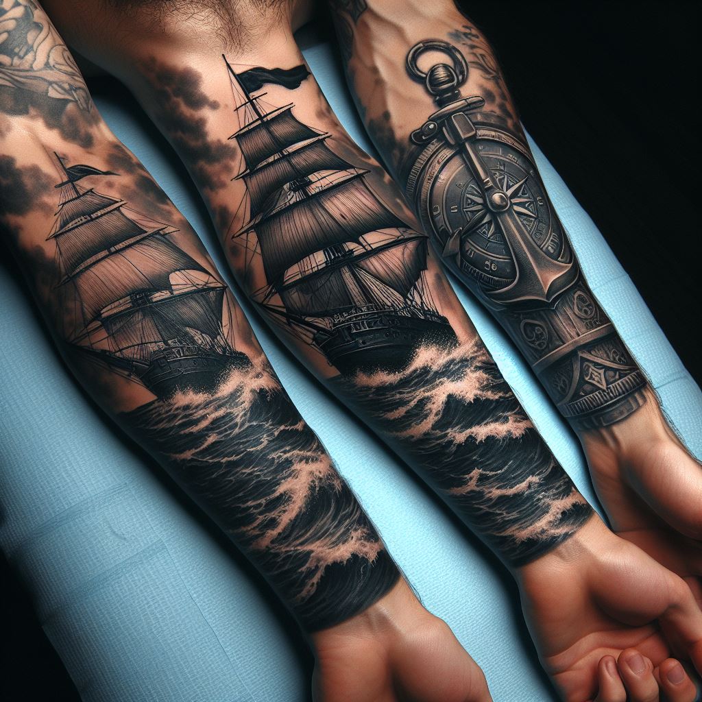 A forearm tattoo with a nautical theme, featuring a detailed old ship sailing on rough seas, complemented by a compass and an anchor. The tattoo, located on the outer side of the forearm, should be in classic black ink, highlighting the intricate details of the ship's structure, the texture of the sea, and the realism of the nautical elements. The skin tone in the background should enhance the tattoo's detailed artwork and dark contrasts.