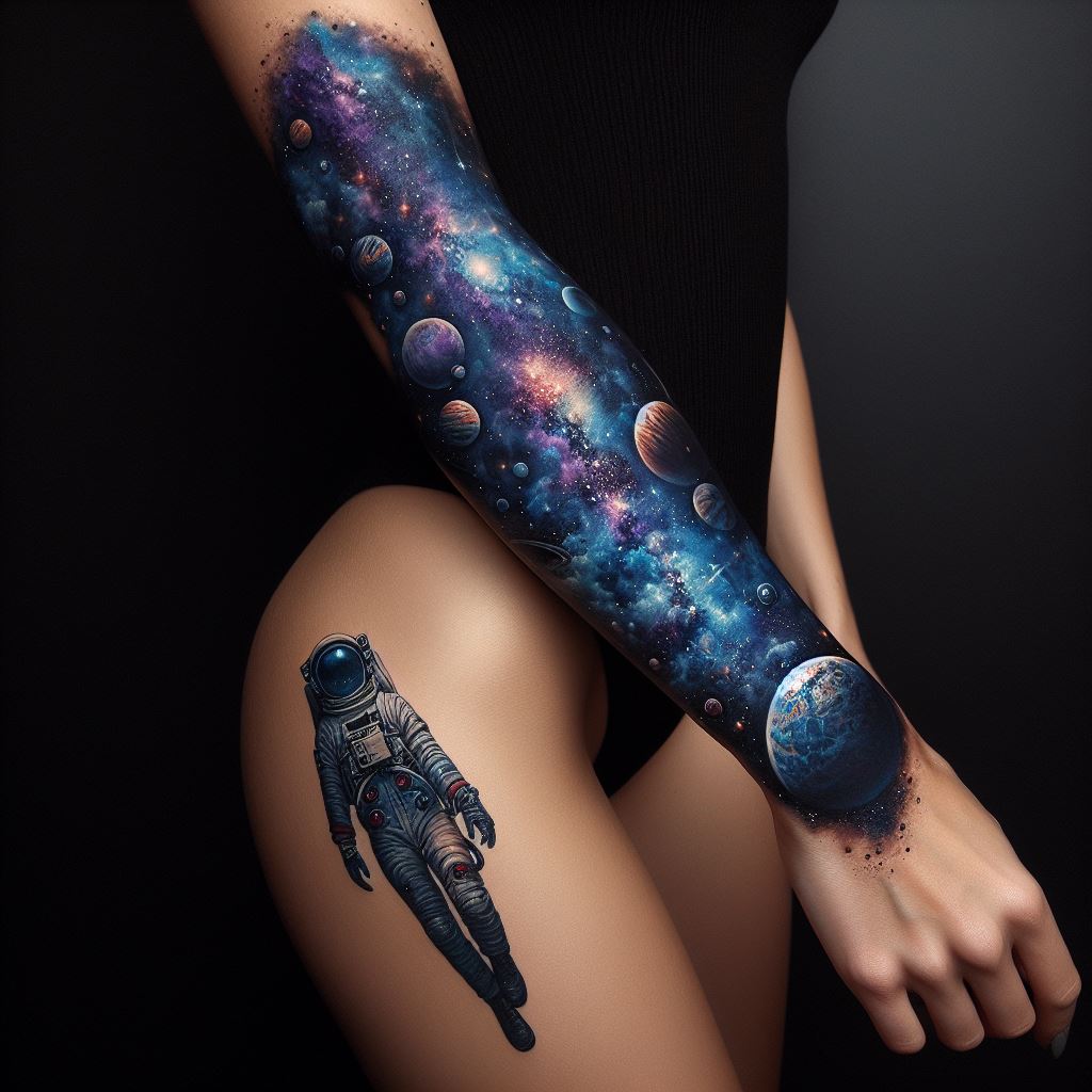 A forearm tattoo that captures the vastness of space, including planets, stars, and galaxies. The tattoo should extend from the wrist to the elbow, featuring a detailed astronaut floating amidst celestial bodies. Use vibrant blues, purples, and whites to depict the cosmic elements against the dark backdrop of space. This should be against a skin-toned background, emphasizing the tattoo's vivid colors and intricate details.