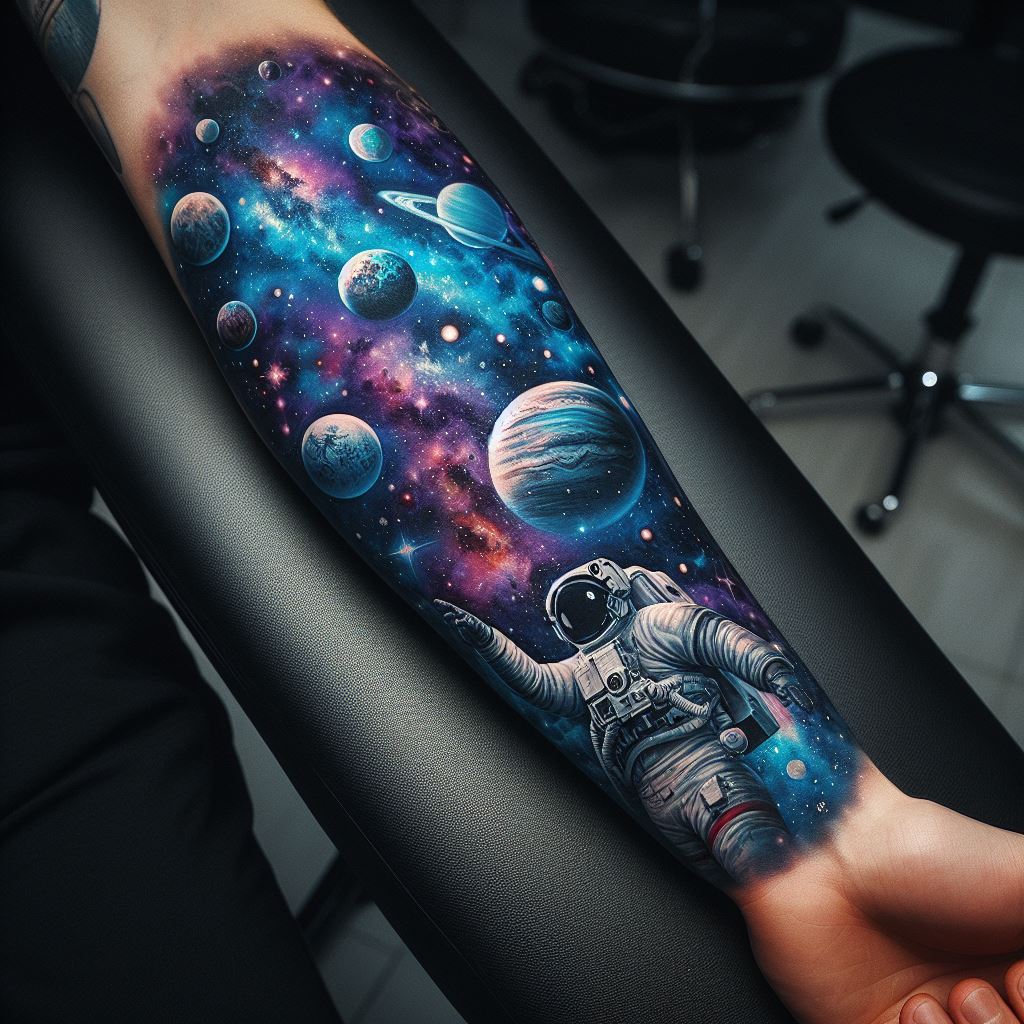 A forearm tattoo that captures the vastness of space, including planets, stars, and galaxies. The tattoo should extend from the wrist to the elbow, featuring a detailed astronaut floating amidst celestial bodies. Use vibrant blues, purples, and whites to depict the cosmic elements against the dark backdrop of space. This should be against a skin-toned background, emphasizing the tattoo's vivid colors and intricate details.