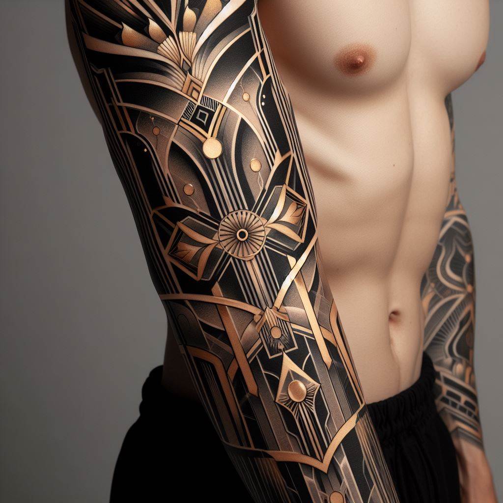 A forearm adorned with an Art Deco-inspired tattoo, focusing on symmetrical shapes, bold lines, and a luxurious motif. The design should include elements like stylized sunbursts, sleek geometry, and elegant lines, stretching from the elbow to the wrist. Use gold, black, and shades of grey to capture the opulence of the Art Deco era. The background should be a neutral skin tone, highlighting the sophistication and detail of the tattoo.