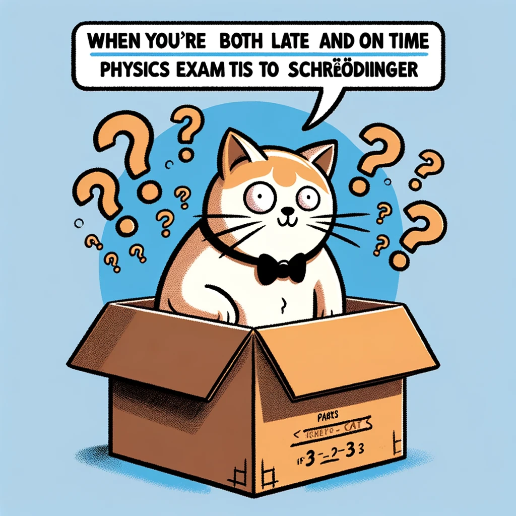 A humorous image depicting the classic physics problem of "Schrödinger's cat" with a cartoon cat inside a box, looking puzzled and surrounded by question marks, with a caption saying, "When you're both late and on time for your physics exam thanks to Schrödinger."