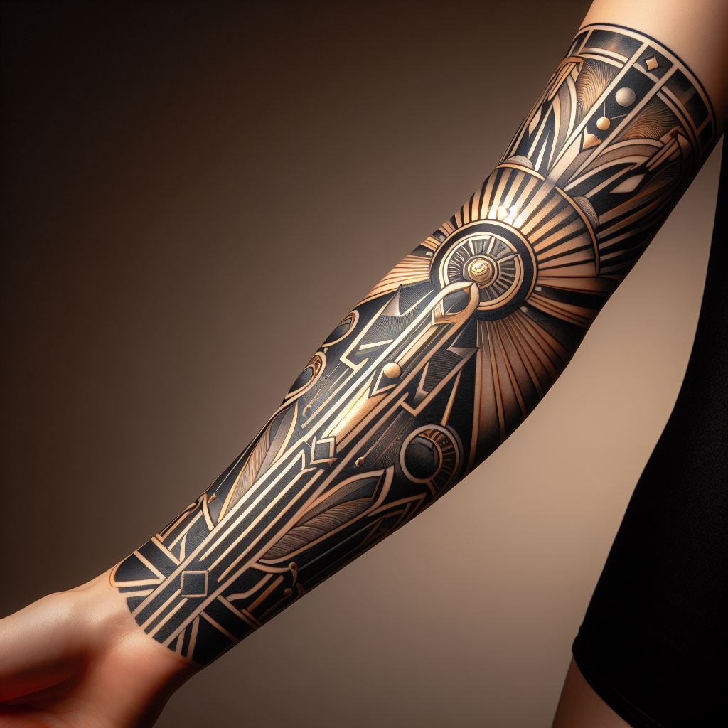 A forearm adorned with an Art Deco-inspired tattoo, focusing on symmetrical shapes, bold lines, and a luxurious motif. The design should include elements like stylized sunbursts, sleek geometry, and elegant lines, stretching from the elbow to the wrist. Use gold, black, and shades of grey to capture the opulence of the Art Deco era. The background should be a neutral skin tone, highlighting the sophistication and detail of the tattoo.