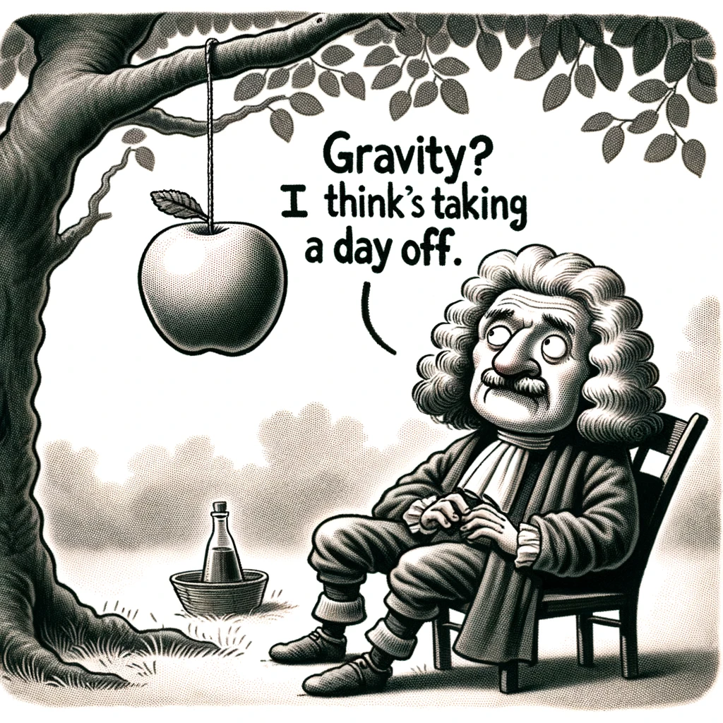 A cartoon of Isaac Newton sitting under an apple tree with an apple suspended in mid-air above his head, looking confused. The caption reads, "Gravity? I think it's taking a day off."