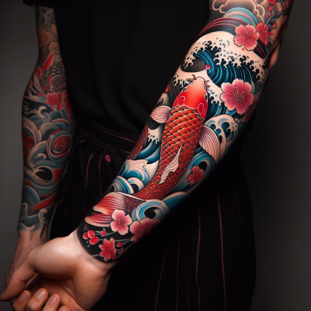 A traditional Japanese tattoo on the forearm, featuring iconic imagery such as koi fish, cherry blossoms, and waves. The tattoo should wrap around the forearm, with the koi fish swimming up from the wrist towards the elbow, symbolizing strength and perseverance. The colors should be rich and vibrant, with deep blues, reds, and pinks, set against a skin-toned background to enhance the traditional Japanese art style.