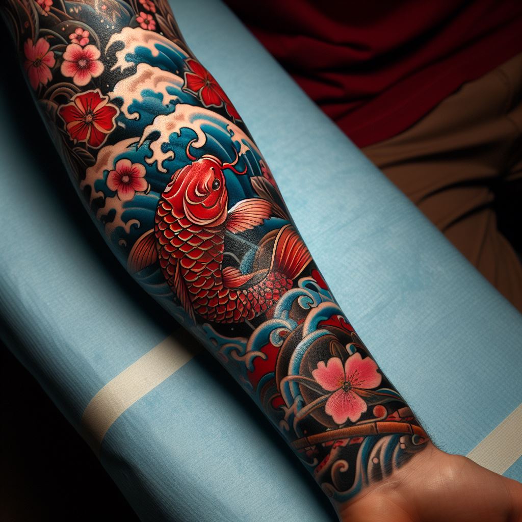 A traditional Japanese tattoo on the forearm, featuring iconic imagery such as koi fish, cherry blossoms, and waves. The tattoo should wrap around the forearm, with the koi fish swimming up from the wrist towards the elbow, symbolizing strength and perseverance. The colors should be rich and vibrant, with deep blues, reds, and pinks, set against a skin-toned background to enhance the traditional Japanese art style.