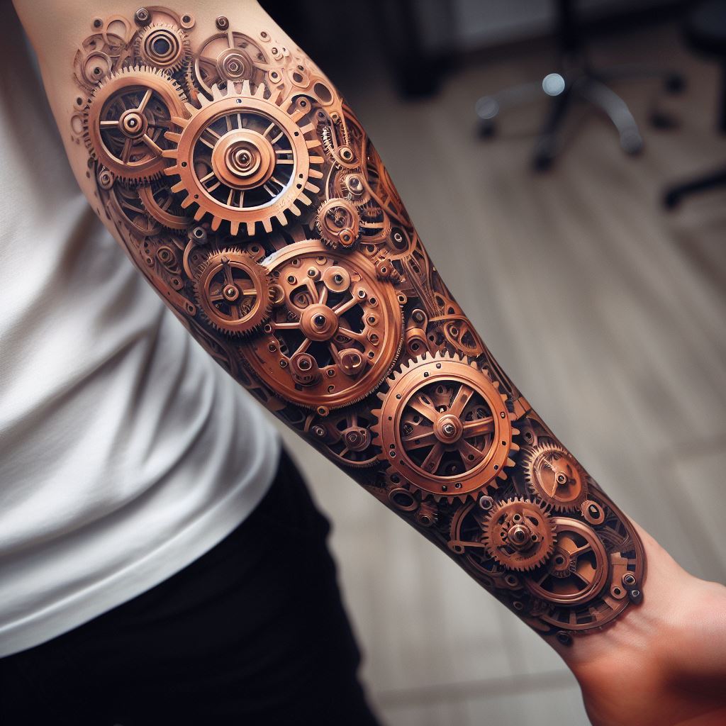 A forearm tattoo that combines steampunk elements like gears, clockworks, and mechanical parts. The tattoo, situated on the inner forearm, should display an intricate assembly of gears and cogs, with a few elements appearing to be beneath the skin, creating a 3D effect. The color scheme should be in shades of bronze, gold, and black, emphasizing the steampunk aesthetic. The background should be a light skin tone to make the metallic colors and details stand out.