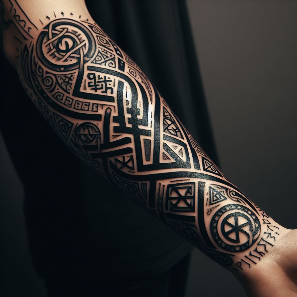 A forearm tattoo inspired by Viking and Norse mythology, including symbols like the Valknut, Yggdrasil (the World Tree), and runes. The tattoo should be positioned on the outer forearm, extending from the wrist to the elbow. It should be designed in black ink, with the symbols interconnected by Norse knotwork. The skin tone background should complement the tattoo, highlighting its intricate details and mythological significance.