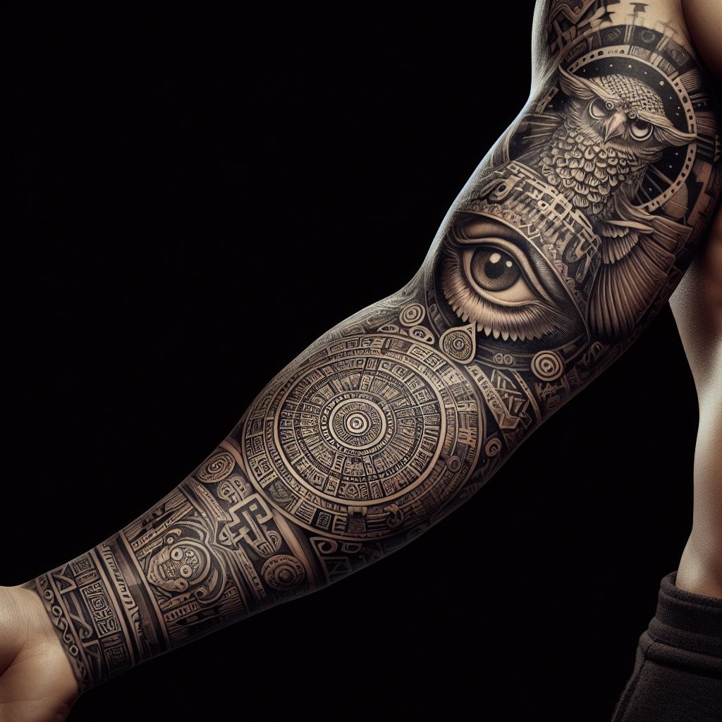 A forearm tattoo that pays homage to ancient civilizations, such as Egyptian hieroglyphics, Greek gods and goddesses, or Mayan calendar symbols. The design seamlessly blends these elements in a cohesive narrative running from the elbow down to the wrist. It features intricate depictions of iconic symbols like the Eye of Horus, Athena with her owl, or the intricate Mayan calendar wheel, all rendered in a monochromatic scheme to emphasize the historical and mythical allure.