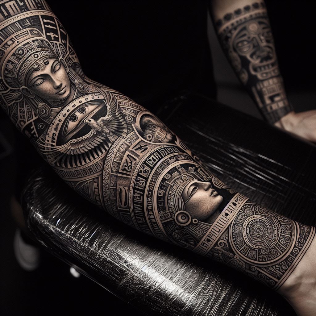 A forearm tattoo that pays homage to ancient civilizations, such as Egyptian hieroglyphics, Greek gods and goddesses, or Mayan calendar symbols. The design seamlessly blends these elements in a cohesive narrative running from the elbow down to the wrist. It features intricate depictions of iconic symbols like the Eye of Horus, Athena with her owl, or the intricate Mayan calendar wheel, all rendered in a monochromatic scheme to emphasize the historical and mythical allure.