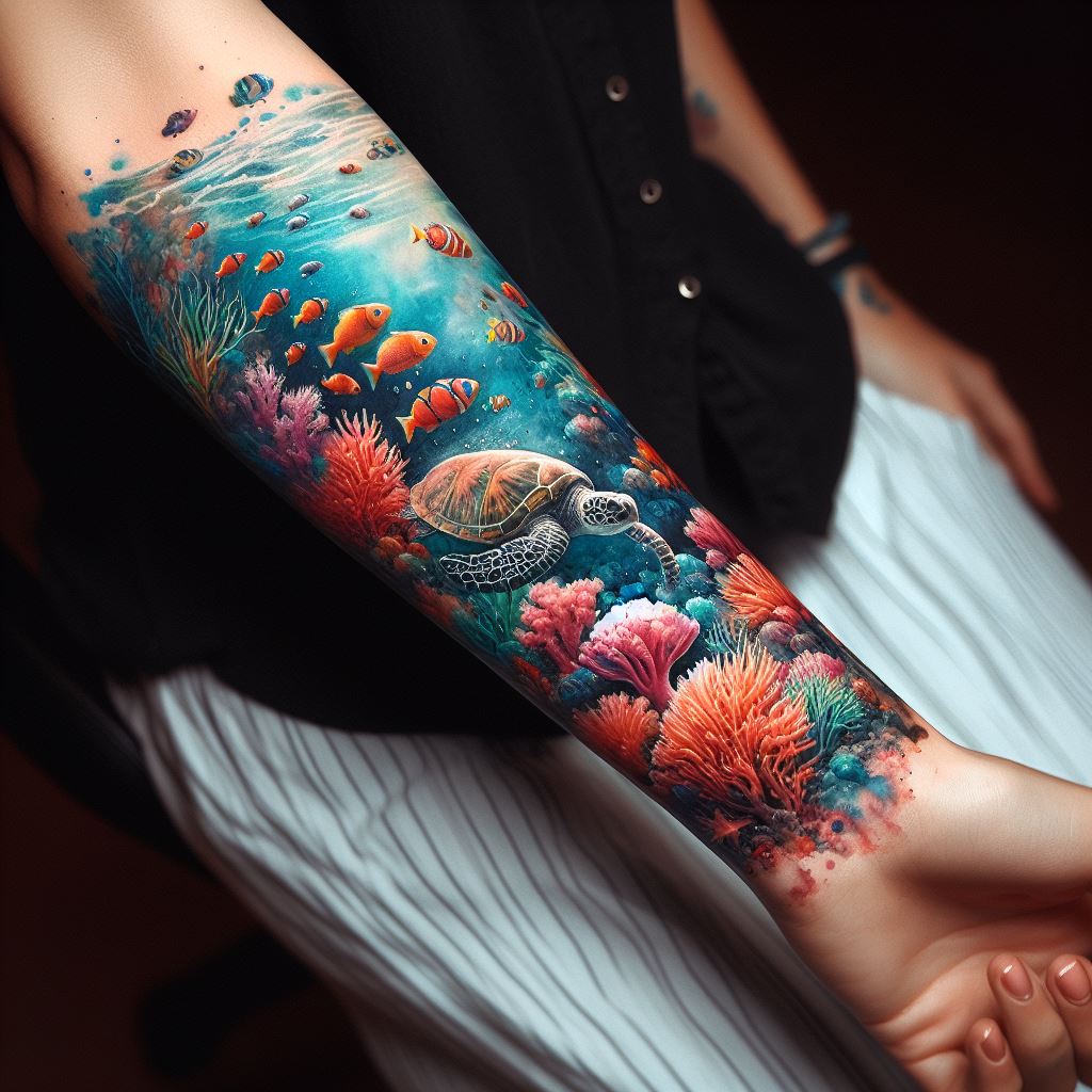 A forearm tattoo that brings the underwater world to life with a watercolor painting style. This tattoo showcases a vibrant coral reef ecosystem, teeming with colorful fish, gentle sea turtles, and delicate anemones from the wrist to the elbow. The watercolor technique gives the tattoo a fluid, dynamic appearance, with the colors blending softly into each other and the wearer's skin, creating a mesmerizing effect that captures the beauty and diversity of ocean life.