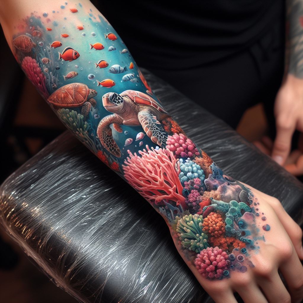 A forearm tattoo that brings the underwater world to life with a watercolor painting style. This tattoo showcases a vibrant coral reef ecosystem, teeming with colorful fish, gentle sea turtles, and delicate anemones from the wrist to the elbow. The watercolor technique gives the tattoo a fluid, dynamic appearance, with the colors blending softly into each other and the wearer's skin, creating a mesmerizing effect that captures the beauty and diversity of ocean life.