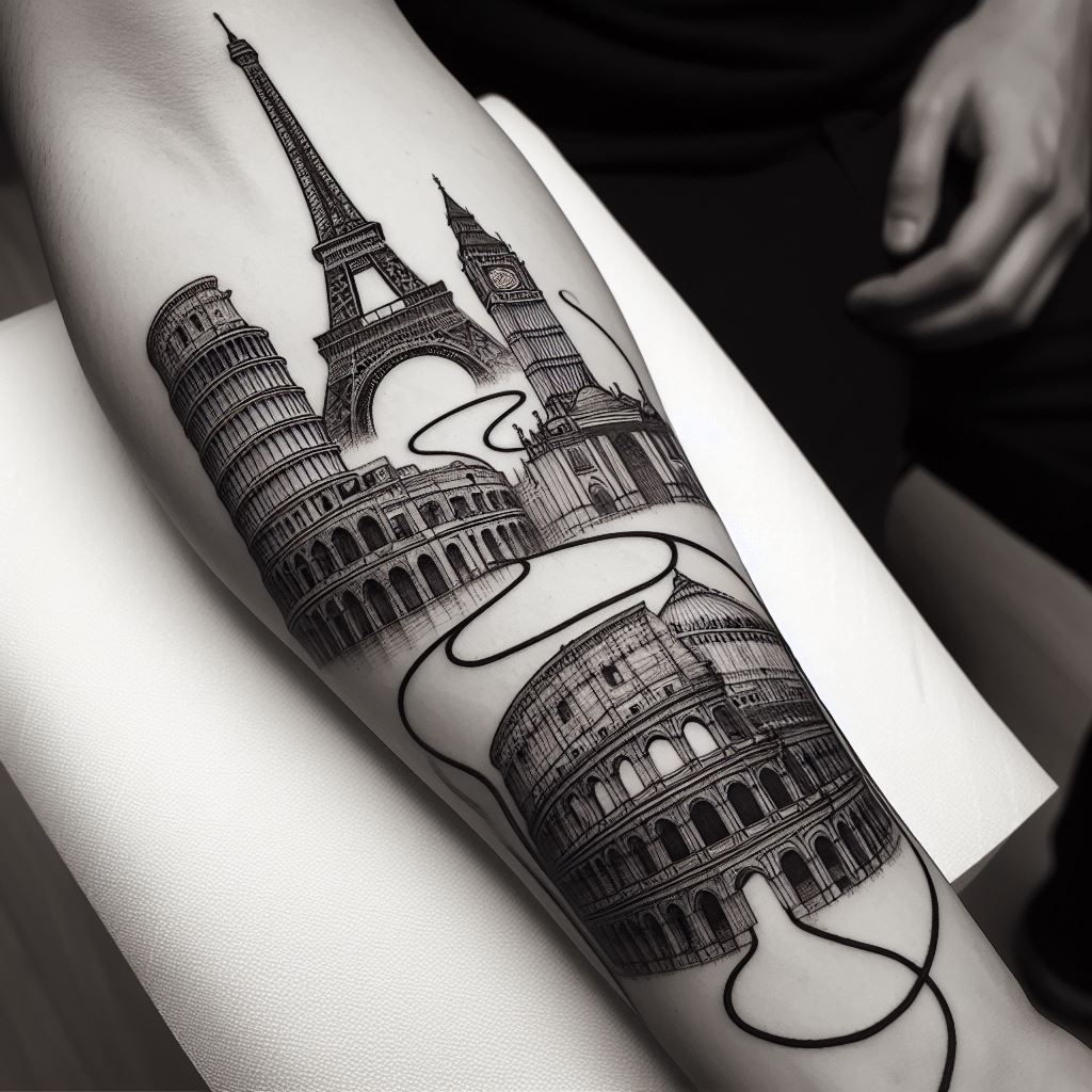 A forearm tattoo that is a tribute to iconic architectural landmarks from around the world. The design features detailed line art of structures such as the Eiffel Tower, the Colosseum, and the Taj Mahal, connected by a winding path that runs along the forearm. This tattoo is not only a celebration of architectural marvels but also a journey across cultures and histories, rendered in fine black ink lines to highlight the precision and elegance of these edifices.