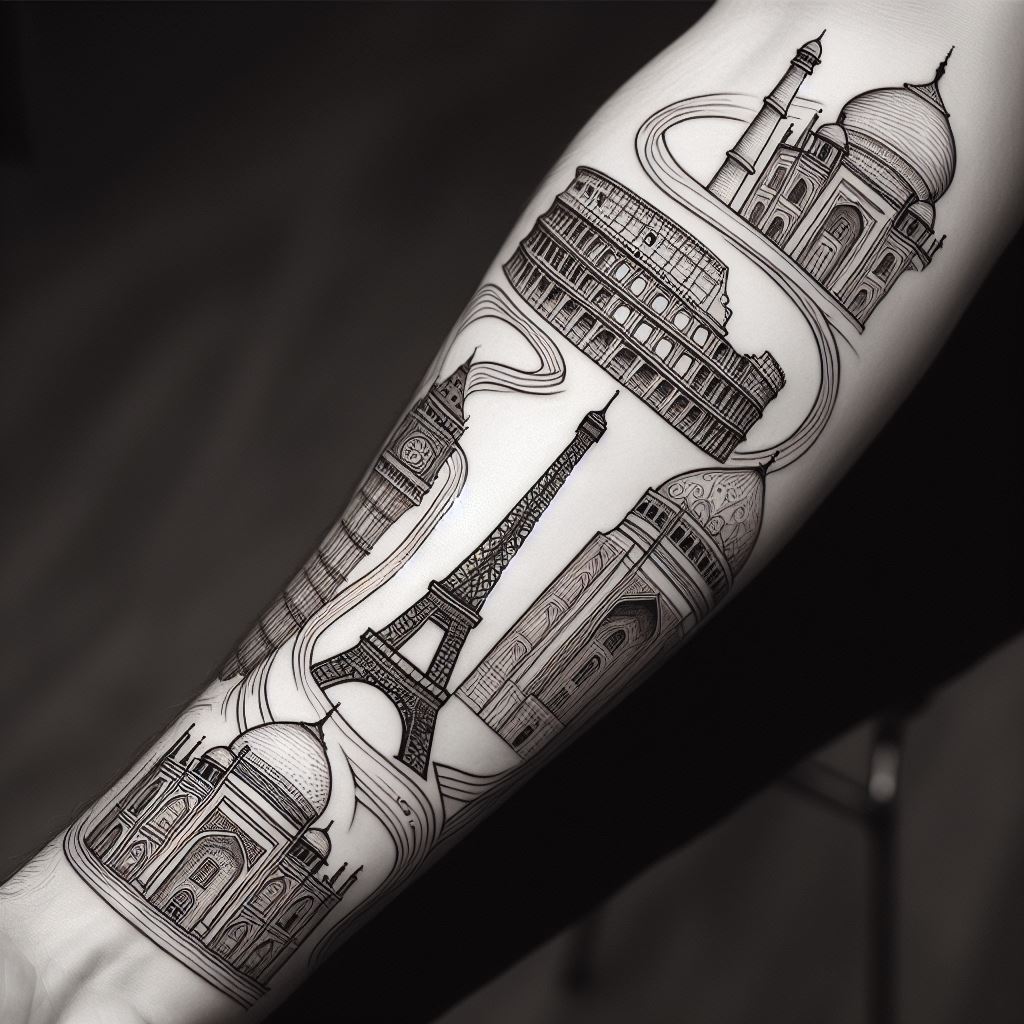 A forearm tattoo that is a tribute to iconic architectural landmarks from around the world. The design features detailed line art of structures such as the Eiffel Tower, the Colosseum, and the Taj Mahal, connected by a winding path that runs along the forearm. This tattoo is not only a celebration of architectural marvels but also a journey across cultures and histories, rendered in fine black ink lines to highlight the precision and elegance of these edifices.