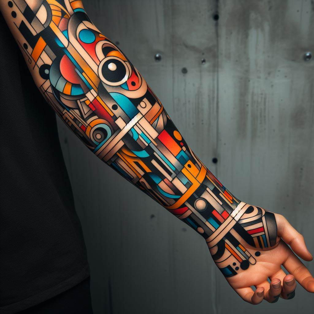 A forearm tattoo inspired by the boldness and creativity of abstract art. This design explores the interplay of shapes, lines, and colors, creating a compelling composition that wraps around the forearm. It could incorporate elements of cubism, surrealism, or modern abstract expressionism, using a palette of bold, contrasting colors against a backdrop of geometric and organic forms. This tattoo stands out as a personal gallery of art, making a statement of individuality and appreciation for the abstract.