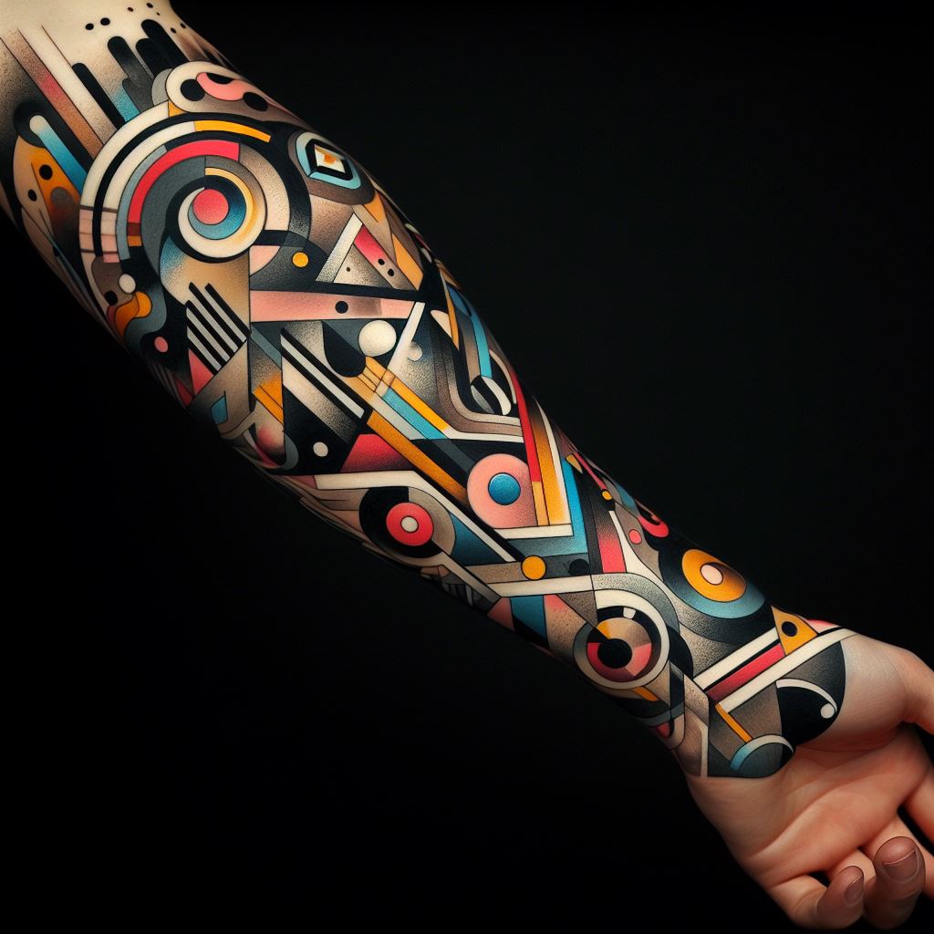 A forearm tattoo inspired by the boldness and creativity of abstract art. This design explores the interplay of shapes, lines, and colors, creating a compelling composition that wraps around the forearm. It could incorporate elements of cubism, surrealism, or modern abstract expressionism, using a palette of bold, contrasting colors against a backdrop of geometric and organic forms. This tattoo stands out as a personal gallery of art, making a statement of individuality and appreciation for the abstract.