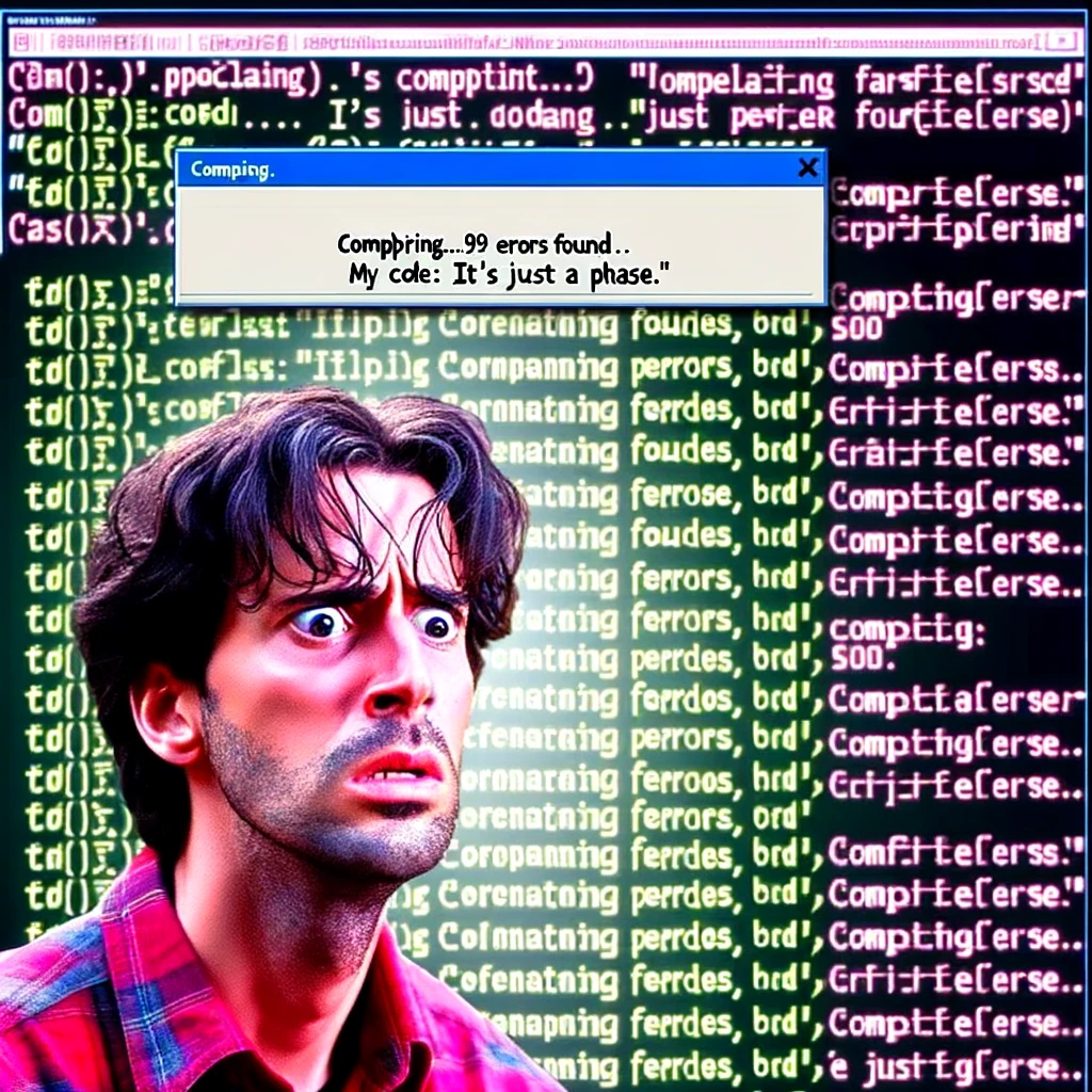 A programming meme showing a confused programmer staring at a screen full of error messages, with the caption "Compiling... 99 errors found. - My code: 'It's just a phase.'"