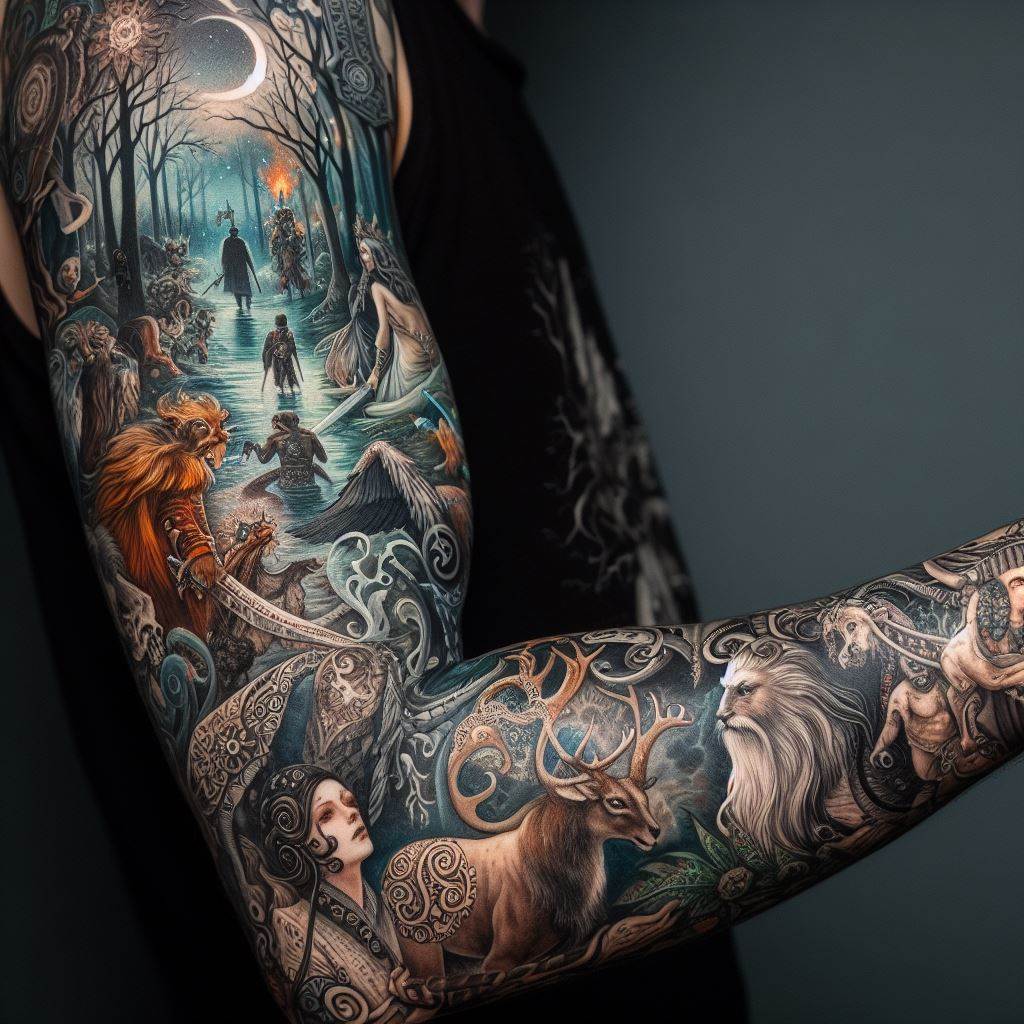 A forearm tattoo that delves into the realm of folklore and legend, featuring characters and motifs from fairy tales, myths, or folk stories. From the dark forests of Brothers Grimm fairy tales to the Norse legends of Thor and Loki, the tattoo weaves a tapestry of storytelling along the arm. It combines detailed illustrations of mythical creatures, enchanted forests, and legendary heroes, inviting the viewer into a world where magic and reality intertwine.
