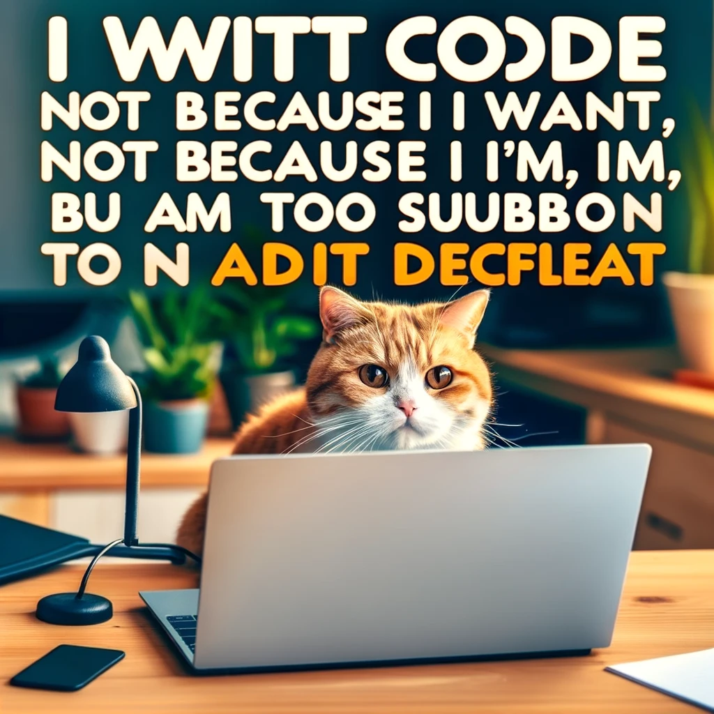 A programming meme showing a cat sitting in front of a laptop, typing furiously with the caption "I write code not because I want to, but because I'm too stubborn to admit defeat."