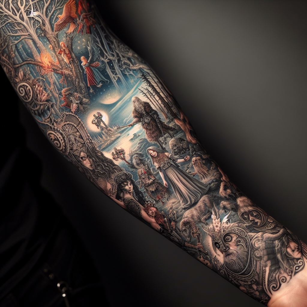 A forearm tattoo that delves into the realm of folklore and legend, featuring characters and motifs from fairy tales, myths, or folk stories. From the dark forests of Brothers Grimm fairy tales to the Norse legends of Thor and Loki, the tattoo weaves a tapestry of storytelling along the arm. It combines detailed illustrations of mythical creatures, enchanted forests, and legendary heroes, inviting the viewer into a world where magic and reality intertwine.