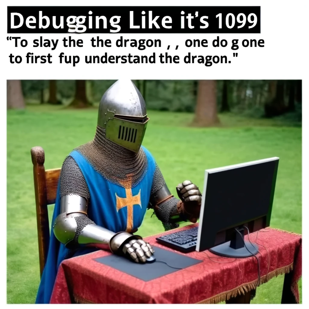 A programming meme featuring a medieval knight coding at a computer, with the caption "Debugging like it's 1099: 'To slay the dragon, one must first understand the dragon.'"