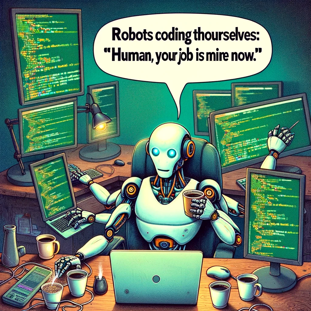 A programming meme showing a robot sitting at a desk with multiple coffee cups, coding tirelessly with the caption "Robots coding themselves: 'Human, your job is mine now.'"