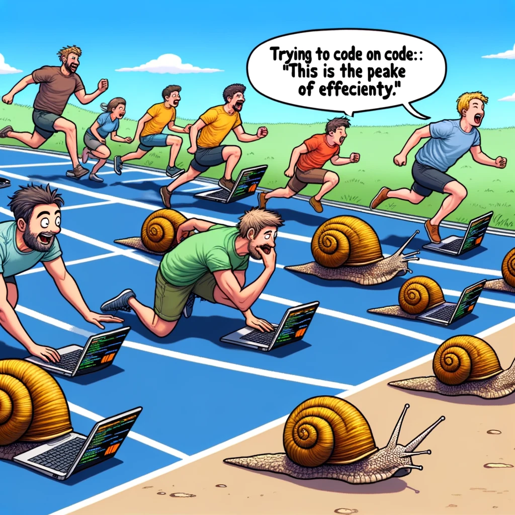 A programming meme showing a group of developers racing on snails with laptops, captioned "Trying to code on a slow computer: 'This is the peak of efficiency.'"