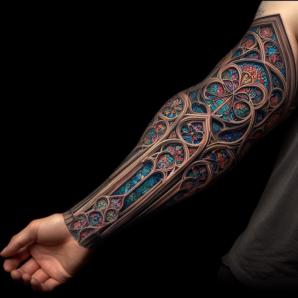 A forearm tattoo that mirrors the intricate beauty of Gothic architecture and stained glass windows. The design includes elements like pointed arches, detailed tracery, and colorful stained glass patterns, capturing the craftsmanship and artistry of the Gothic style. The tattoo uses rich colors to mimic the light and shadow seen in stained glass, set against the dark outlines of architectural features. Positioned along the outer forearm, this tattoo is a tribute to historical art and architecture.