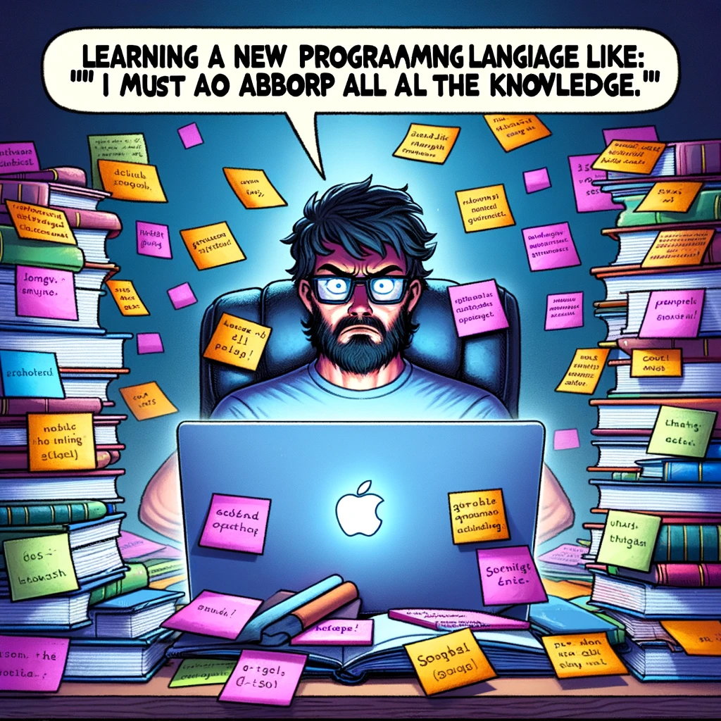 A programming meme with a programmer surrounded by books and post-it notes, looking determined, with the caption "Learning a new programming language like: 'I must absorb all the knowledge.'"