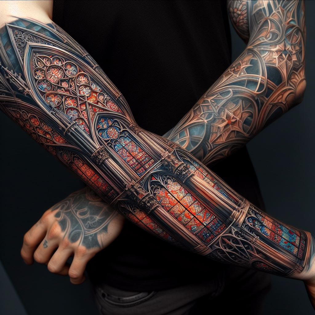 A forearm tattoo that mirrors the intricate beauty of Gothic architecture and stained glass windows. The design includes elements like pointed arches, detailed tracery, and colorful stained glass patterns, capturing the craftsmanship and artistry of the Gothic style. The tattoo uses rich colors to mimic the light and shadow seen in stained glass, set against the dark outlines of architectural features. Positioned along the outer forearm, this tattoo is a tribute to historical art and architecture.