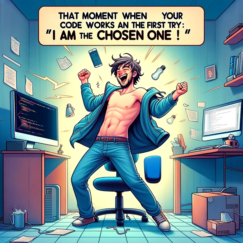 A programming meme showing a programmer dancing with joy in front of a computer with the caption "That moment when your code works on the first try: 'I am the chosen one!'"