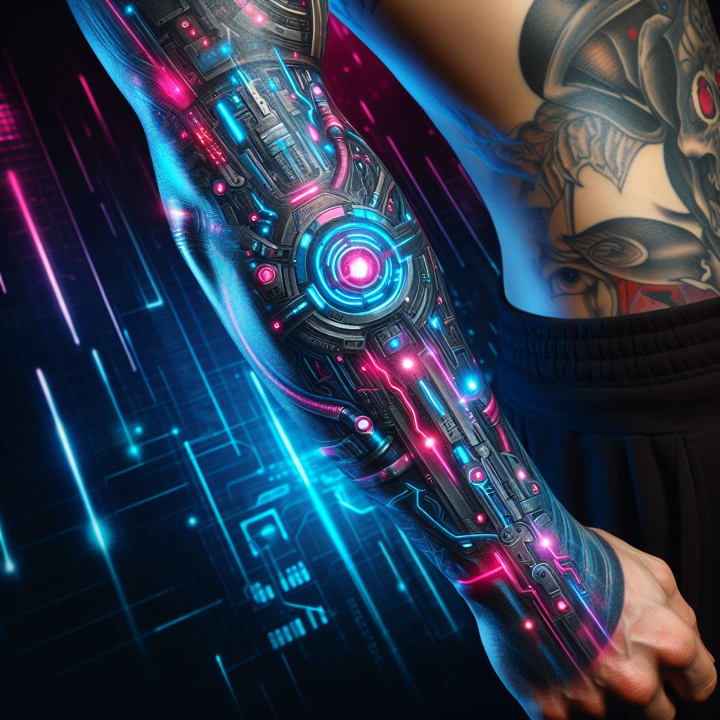 "A forearm tattoo that delves into the cyberpunk genre, blending futuristic technology with urban grit. The design features cybernetic enhancements, neon lights, and digital motifs, suggesting a connection between the human body and futuristic tech. The color scheme is dominated by neon blues, pinks, and purples, against a backdrop of dark, urban elements. This tattoo, extending from the wrist to the elbow on the top side of the forearm, is a bold statement of a dystopian future vision."