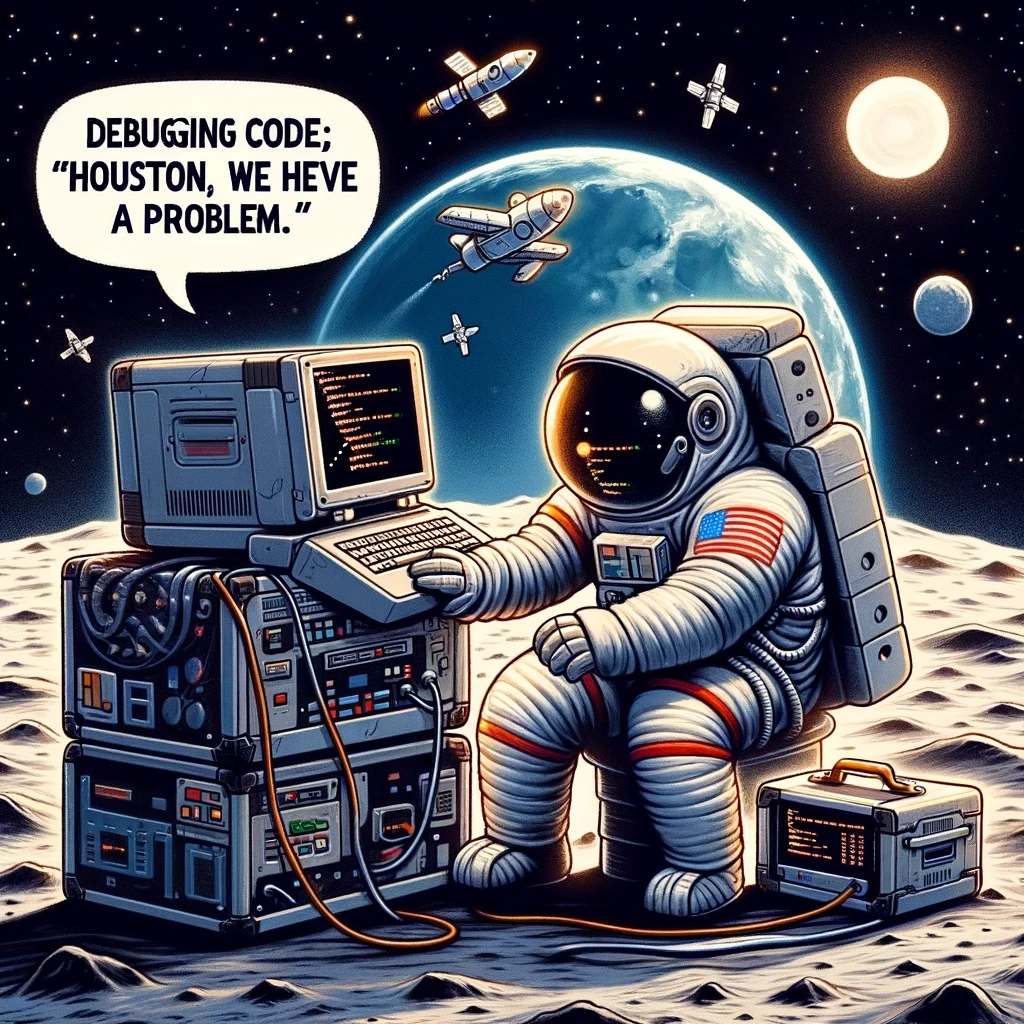 A programming meme featuring an astronaut on the moon, looking at a laptop with the caption "Debugging code: 'Houston, we have a problem.'"